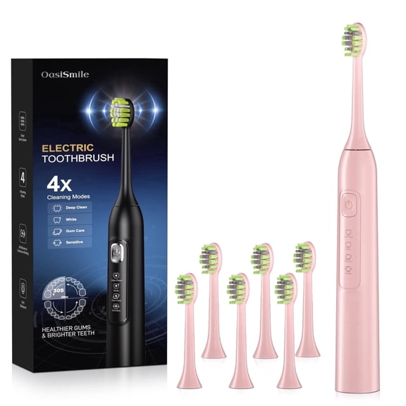 OasiSmile Sonic Electric Toothbrush for Adults, Rechargeable Travel Tooth Brush with 6 Brush Heads, 42000 VPM Deep Clean 4 Modes 120-Day Battery, Pink