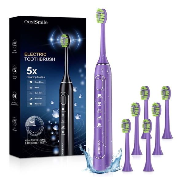OasiSmile Sonic Electric Toothbrush for Adults and Teens, 5 Modes 42000 VPM Power Rechargeable Travel Toothbrushes with 6 Brush Heads, 90 Days Battery Life, Purple
