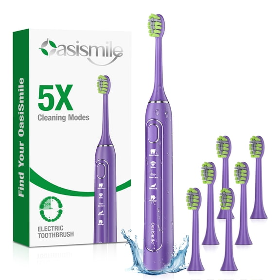 OasiSmile Sonic Electric Toothbrush for Adults and Teens, 5 Modes 42000 VPM Power Rechargeable Travel Toothbrushes with 6 Brush Heads, 90 Days Battery Life, Purple