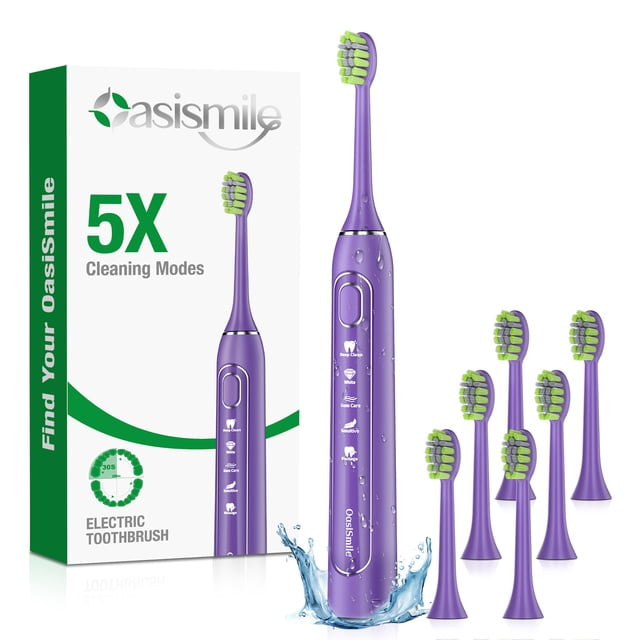 OasiSmile Sonic Electric Toothbrush for Adults and Teens, 5 Modes 42000 VPM Power Rechargeable Travel Toothbrushes with 6 Brush Heads, 90 Days Battery Life, Purple