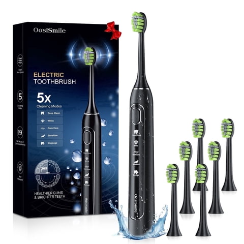 OasiSmile Sonic Electric Toothbrush for Adults and Teens, Travel Rechargeable 42000 VPM Power Tooth Brush with 5 Modes, 90 Days Battery Life, 6 Brush Heads, Black