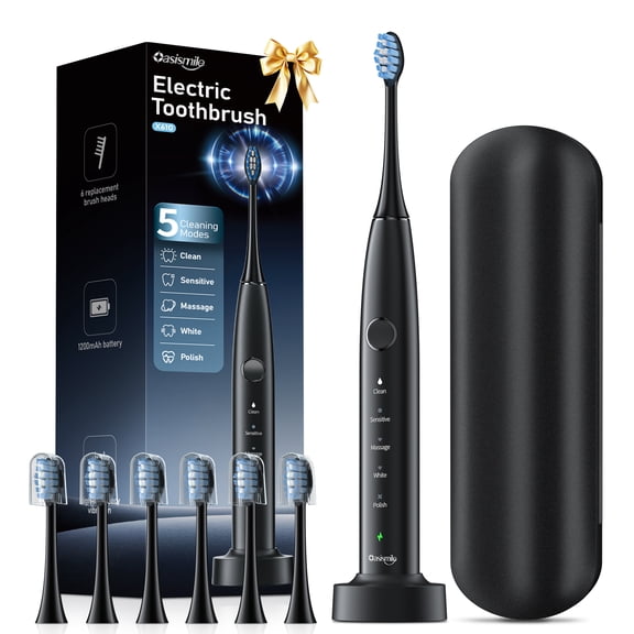 OasiSmile Electric Toothbrush for Adults, 42000 VPM Sonic Toothbrush with Travel Case, 5 Modes for Sensitive Teeth and Braces, 6 Brush Heads, Wireless Charging, 100-Day Battery Life for Home Travel