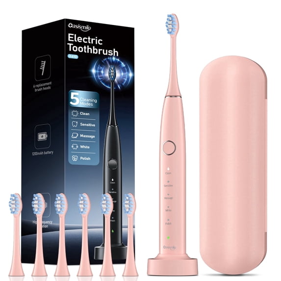 OasiSmile Sonic Electric Toothbrush Set for Adults with Travel Case, 6 Brush Heads, 100-Day Battery Life, 5 Modes 42000 VPM Rechargeable Power Toothbrush, Pink