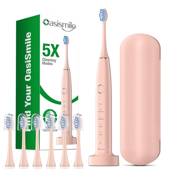 OasiSmile Sonic Electric Toothbrush Set for Adults with Travel Case, 6 Brush Heads, 100-Day Battery Life, 5 Modes 42000 VPM Rechargeable Power Toothbrush, Pink