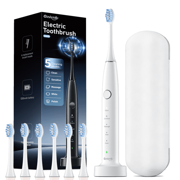 OasiSmile Sonic Electric Toothbrush Set for Adults with Travel Case, 6 Brush Heads, 60-Day Battery Life, 5 Modes 42000 VPM Rechargeable Power Toothbrush, White