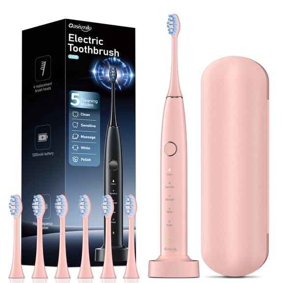 OasiSmile Sonic Electric Toothbrush Set for Adults with Travel Case, 6 Brush Heads, 60-Day Battery Life, 5 Modes 42000 VPM Rechargeable Power Toothbrush, Pink