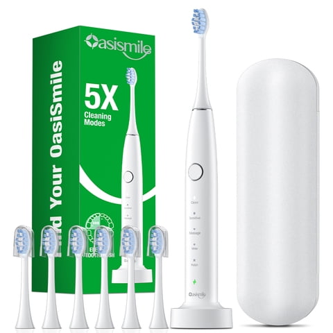 OasiSmile Sonic Electric Toothbrush Set for Adults with Travel Case, 6 Brush Heads, 60-Day Battery Life, 5 Modes 42000 VPM Rechargeable Power Toothbrush, White