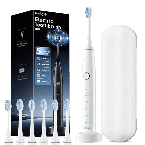 OasiSmile Sonic Electric Toothbrush Set for Adults with Travel Case, 6 Brush Heads, 60-Day Battery Life, 5 Modes 42000 VPM Rechargeable Power Toothbrush, White