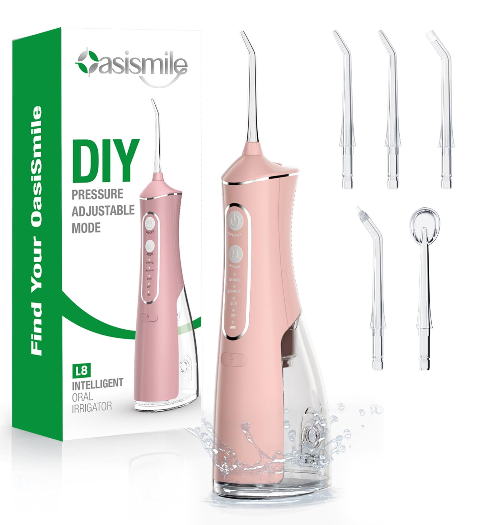 OasiSmile Water Flosser for Teeth Cleaning, Portable Cordless Dental Floss 300ML Rechargeable Oral Irrigator with 5 Jet Tips for Home Travel Office, Pink