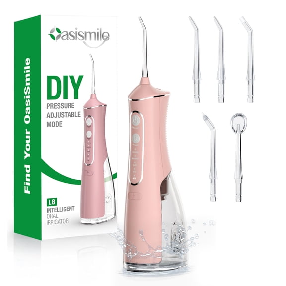 OasiSmile Water Flosser for Teeth Cleaning, Portable Cordless Dental Floss 300ML Rechargeable Oral Irrigator with 5 Jet Tips for Home Travel Office, Pink