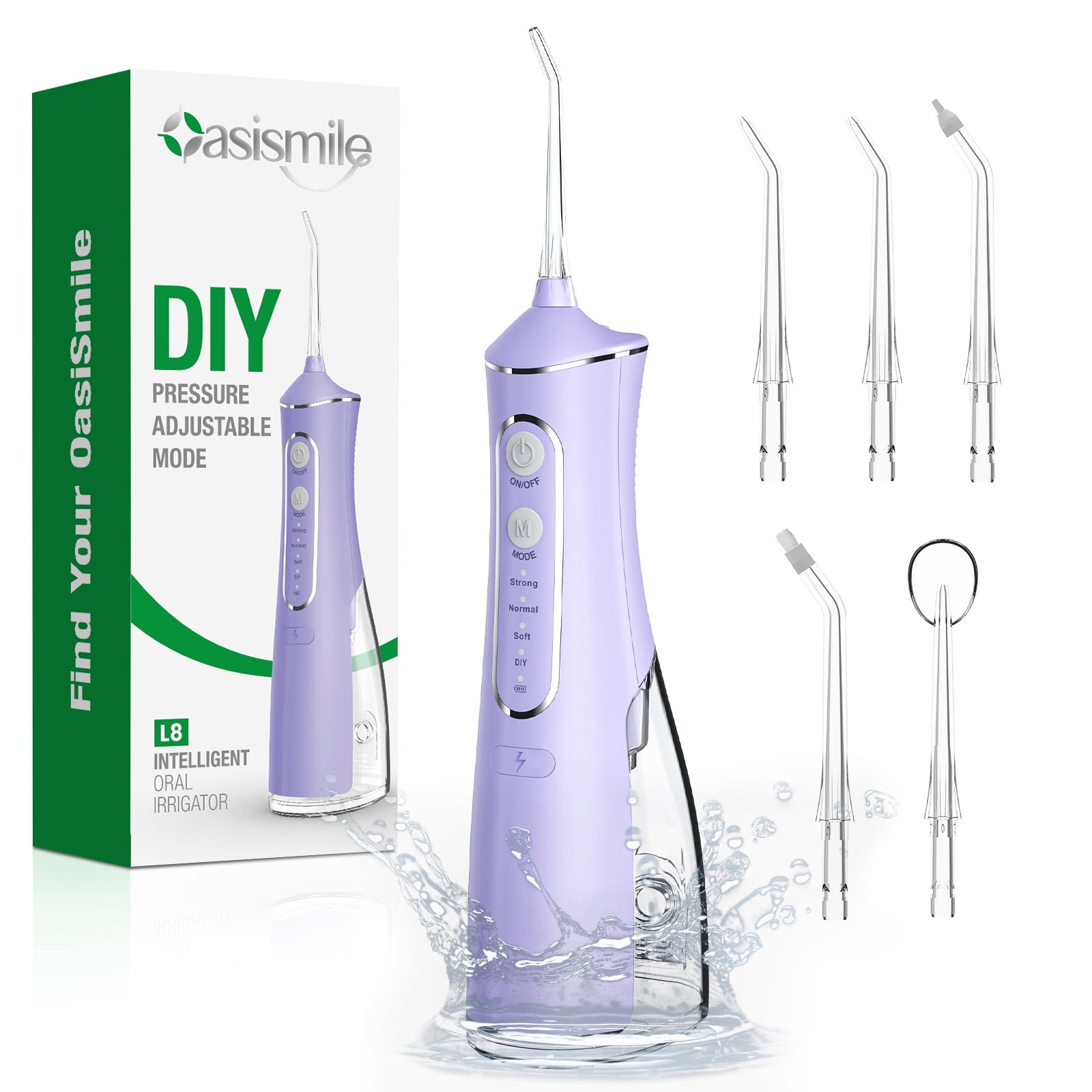 OasiSmile Water Flosser for Teeth Cleaning, Portable Cordless Dental Floss 300ML Rechargeable Oral Irrigator with 5 Jet Tips for Home Travel Office, Purple