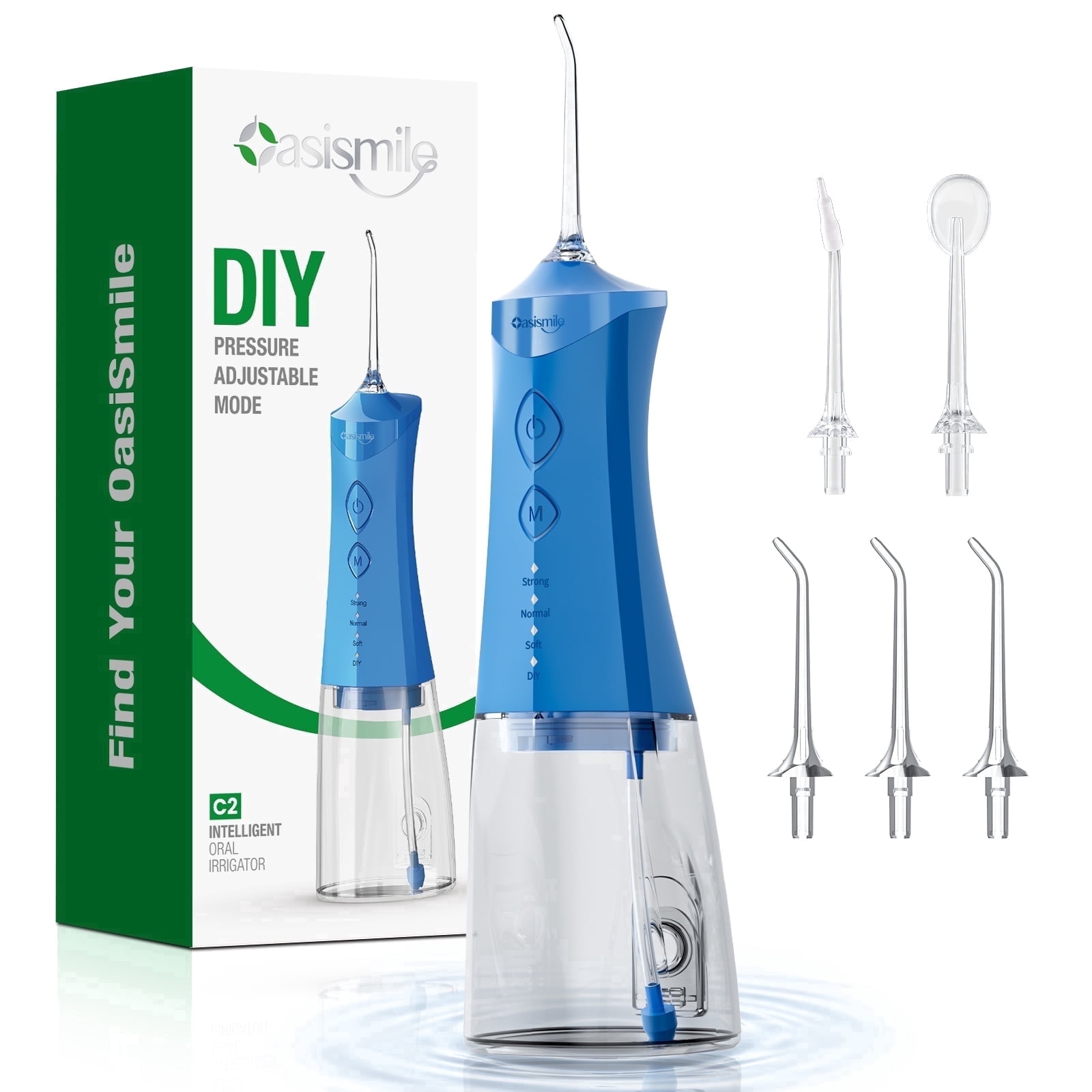 OasiSmile Water Picks for Teeth Cleaning, Dental Water Flosser 350ML Cordless Portable 4 Modes Rechargeable Oral Irrigator with 4 Jet Tips for Home Travel Office, Blue