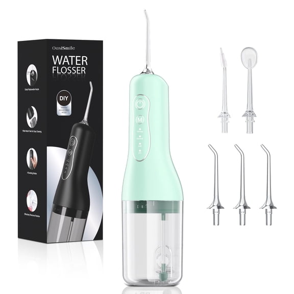 OasiSmile Water Flossers for Teeth Braces Care, Portable Cordless Travel Dental Floss 4 Modes 260ML Rechargeable Oral Irrigator with 5 Jet Tips, Green