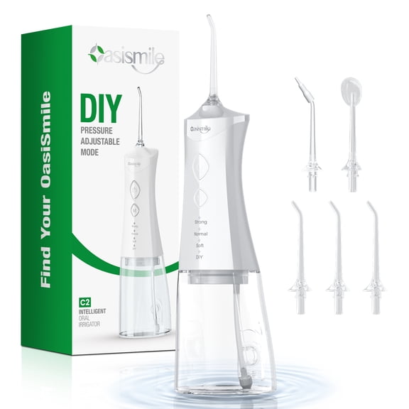 OasiSmile Water Flossers for Teeth Cordless Rechargeable, Dental Water Flosser Portable 4 Modes 350ML Oral Irrigator with 4 Jet Tips for Home Travel Office, White