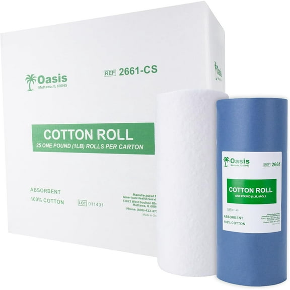 Oasis 1 lb White 100% Cotton Roll 25 Count, Non-Sterile, Soft, Highly Absorbent, Tightly Rolled & Easy to Tear Ideal for Wound Care, Casting, and Crafts, 1 Pound