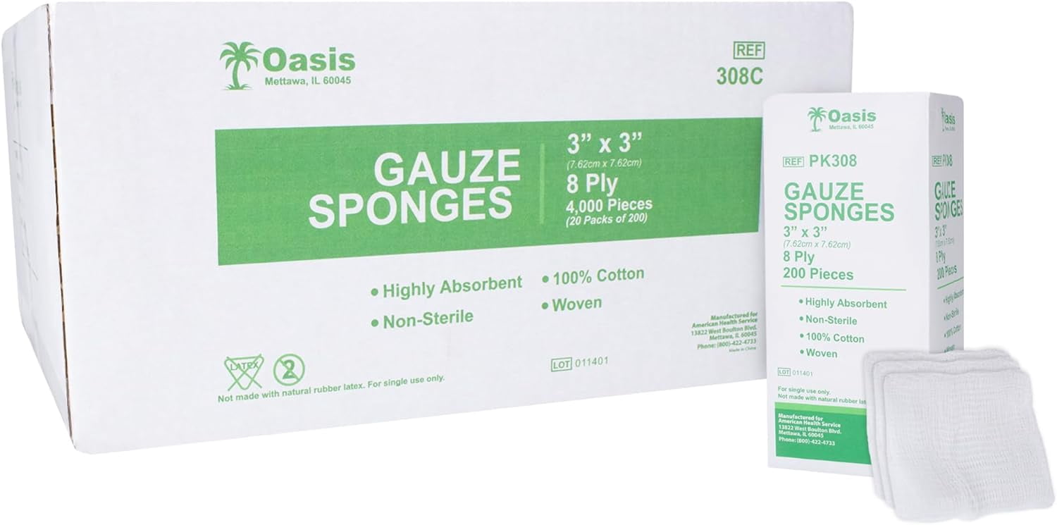 Oasis 3 x 3 inch Gauze Sponges, 100% Cotton, 8-Ply Woven Non-Sterile Gauze, 1 Case of 4000 (20 Packs of 200)