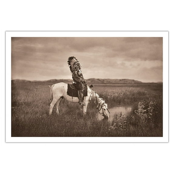 Oasis in the Badlands - Red Hawk Oglala American Indian Warrior - Vintage B&W Photograph by Edward S. Curtis c.1905 - Fine Art Matte Paper Print (Unframed) 30x44in