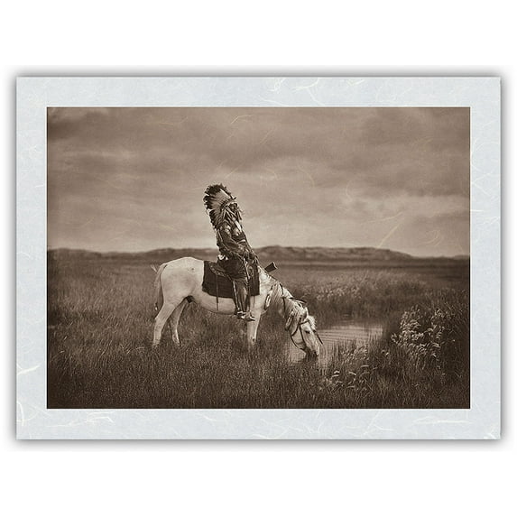 Oasis in the Badlands - Red Hawk Oglala American Indian Warrior - Vintage B&W Photograph by Edward S. Curtis c.1905 - Japanese Unryu Rice Paper Art Print (Unframed) 12 x 16 in
