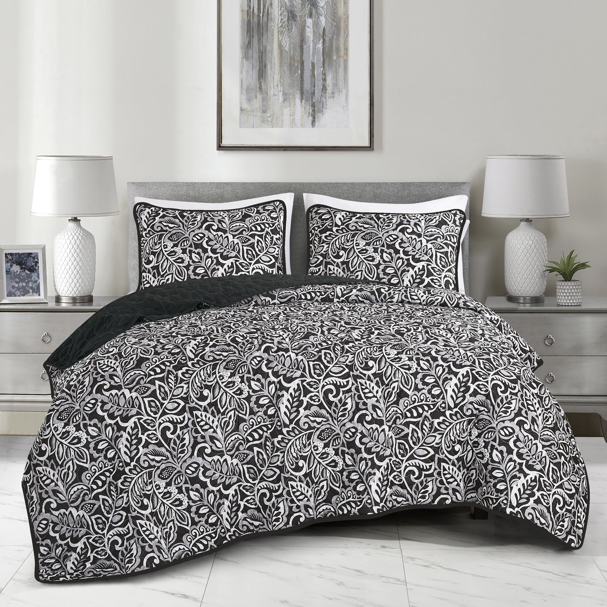 Oasis Black and White Bedspread Set King Size 3-Piece Reversible Black Quilt Set