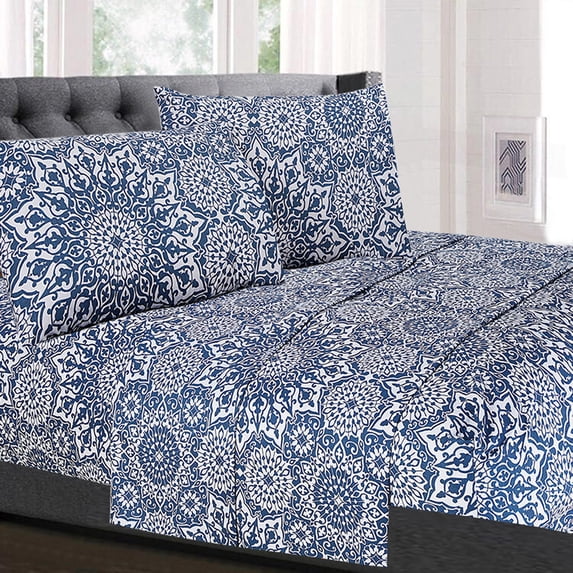 Oasis Blue Mandala Pattern 4-Piece 1800 Thread Count Sheet Set