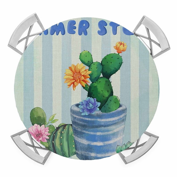 Oasis Cactus Summer Elastic Fitted Round Table Cover Succulent Flower Green Stripes Waterproof Outdoor Tablecloth for Holiday Party, Picnic, Patio & Dining Fits Tables Up to 36"-44"