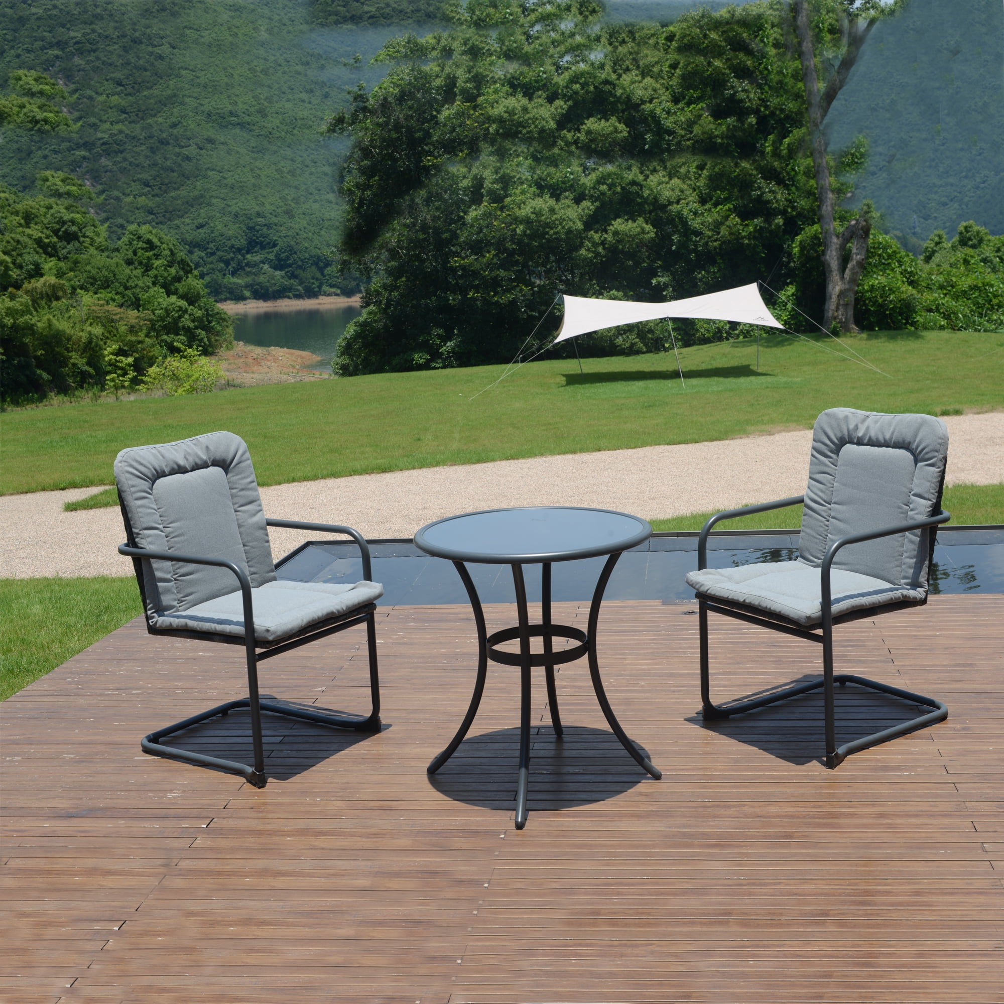 Oasis Casual 3Pcs Bistro Set 2 KD Spring Wicker Chairs with Gray