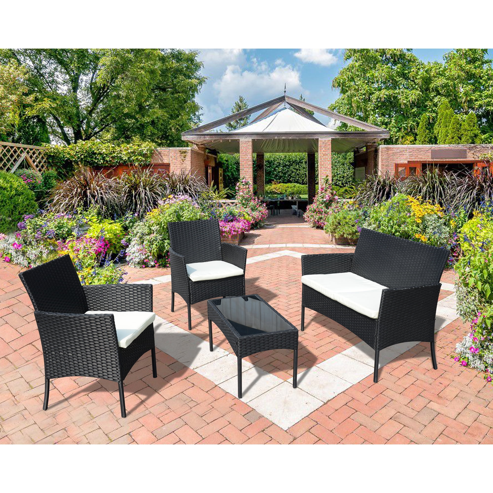 Oasis Casual 4PCS Patio Rattan Bistro Conversation Furniture Outdoor Set