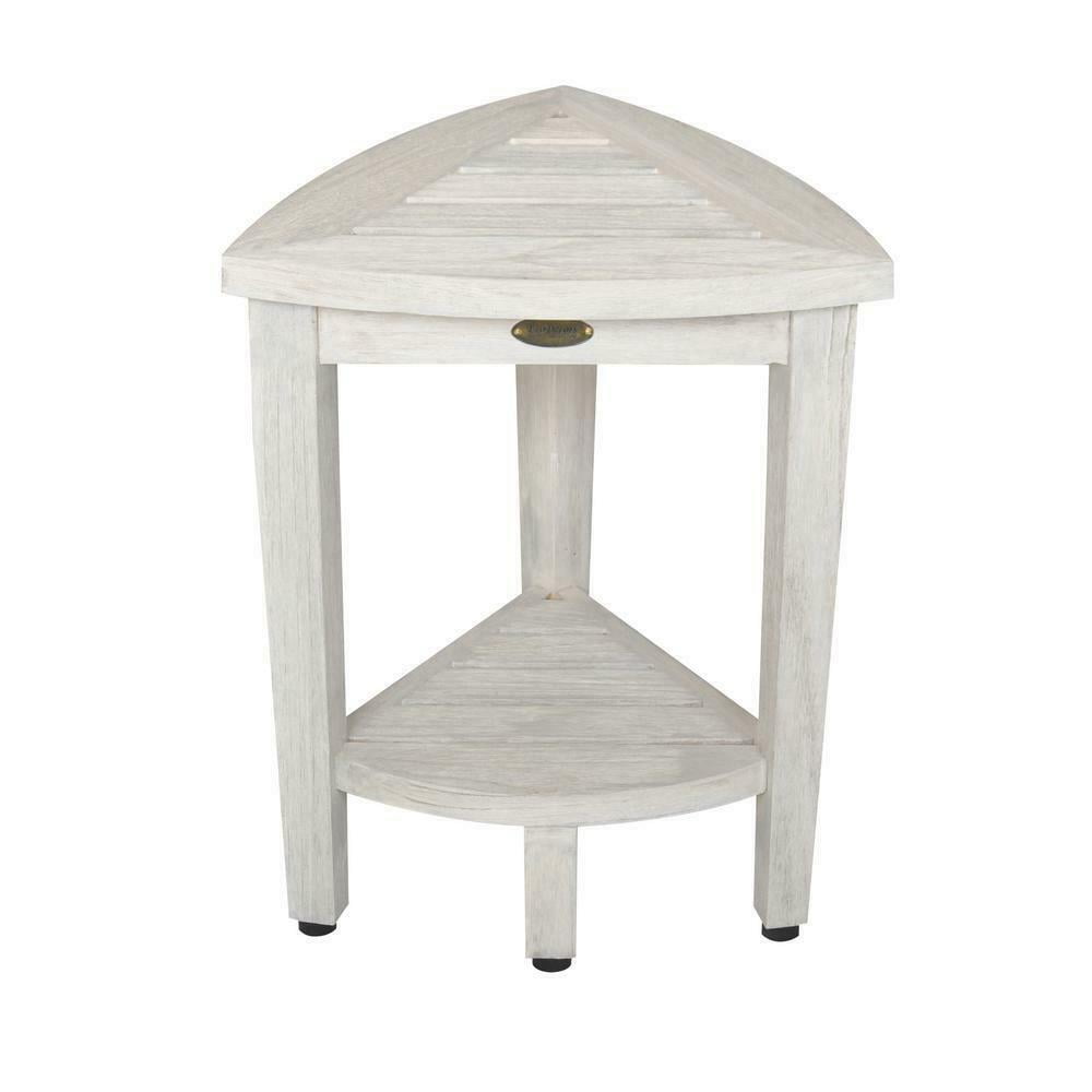 Adjustable White Teak Wood Corner Shower Bench with Shelf