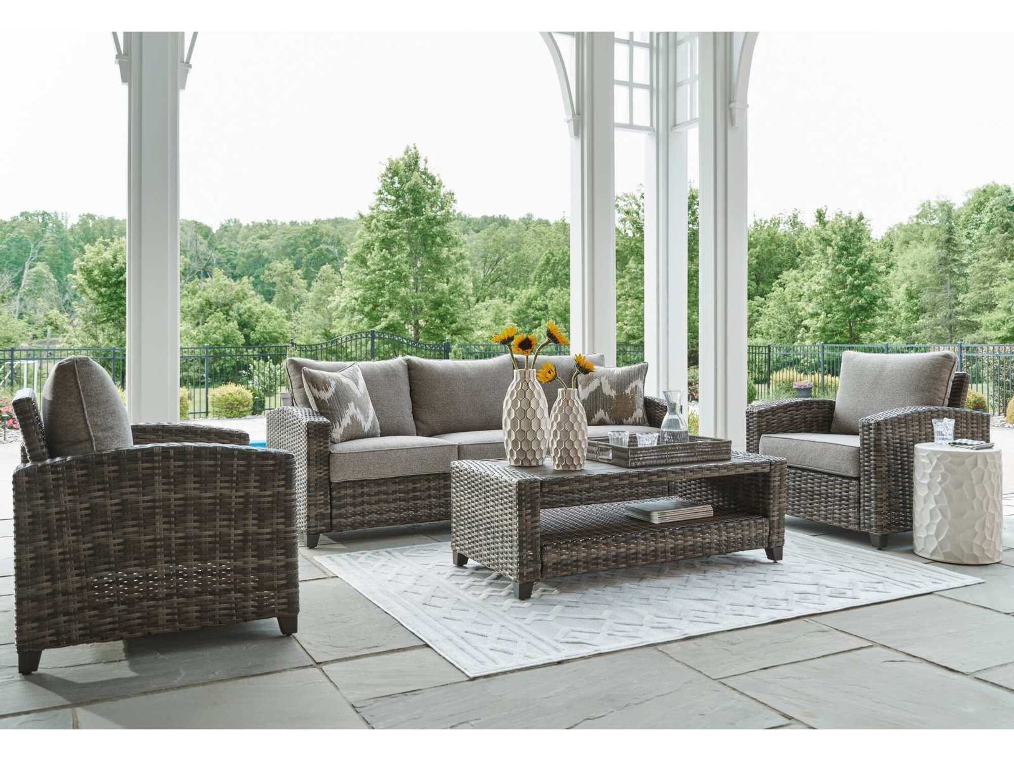 Gray Resin Wicker Outdoor Sofa Set with Cushions and Coffee Table