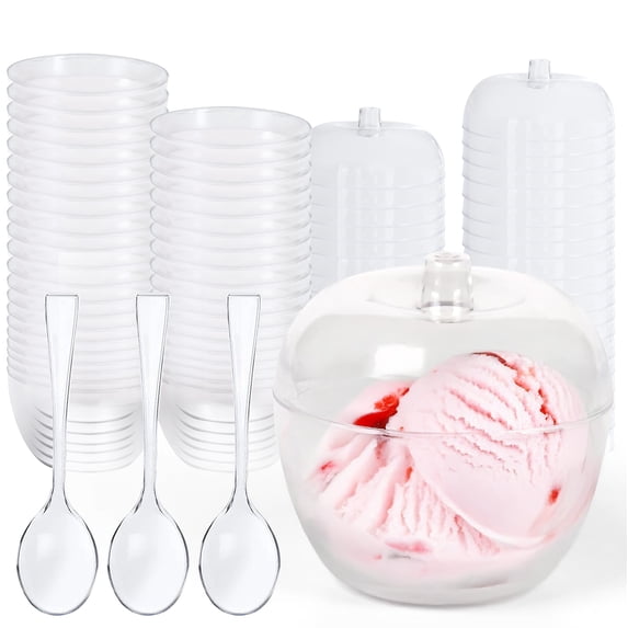 Oasis Creations Apple Shape Dessert Cup - 4 ounces - 50 Count - Lids & Spoons Included - Clear Plastic - Appetizer Cup - Parfait Cup - Dessert Cup -Disposable or Reusable