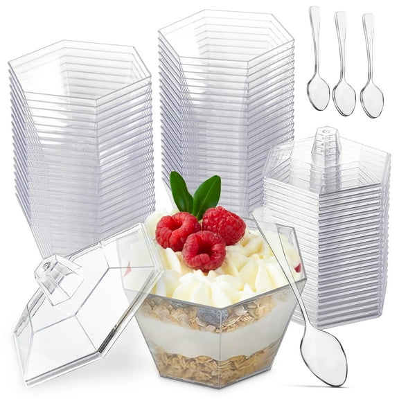 Oasis Creations Hexagonal Mini Bowl-Lids & Spoons Included- 3.3 ounce -40 Count -Clear Plastic - Six Sided Bowl - Flower Cup-Mini Dessert Cup- Serving Bowl -Snack Bowl-Disposable or Reusable