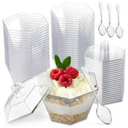 Oasis Creations Hexagonal Mini Bowl-Lids & Spoons Included- 3.3 ounce -40 Count -Clear Plastic - Six Sided Bowl - Flower Cup-Mini Dessert Cup- Serving Bowl -Snack Bowl-Disposable or Reusable