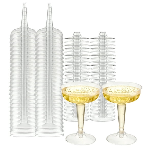 Oasis Creations Plastic Champagne Glasses Set (50 Count) 4.5 Ounce - Stem Cups 2 Pieces - Ideal for Birthday Party, Wedding Reception and More