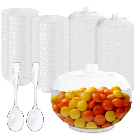 Oasis Creations Round Plastic Bowl - 5 ounces - 50 Count - Lids & Spoons Included - Clear Plastic - Appetizer Cup - Parfait Cup - Dessert Cup -Disposable or Reusable