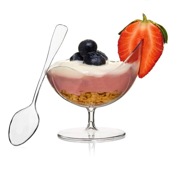 Oasis Creations Scallop Stem Cup - Parfait Serving Bowl - 24 Count - Clear Hard Plastic - Appetizer Cup - Disposable or Reusable - 2 ounce - Ideal for Desserts, Appetizers, Puddings