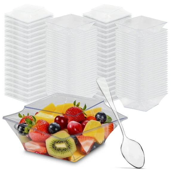 Oasis Creations Slanted Wide Square Cup - 7 ounces - 50 Count - Lids & Spoons Included - Clear Plastic - Appetizer Cup - Parfait Cup - Dessert Cup -Disposable or Reusable