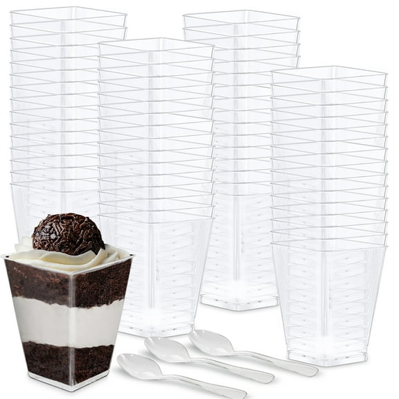 Oasis Creations Square Dessert Cup - 5.5 ounce - 50 Count - Spoons Included - Clear Plastic - Large Appetizer Cup -Tall Dessert Cup-Tasting Cup- Parfait Cup-Disposable or Reusable
