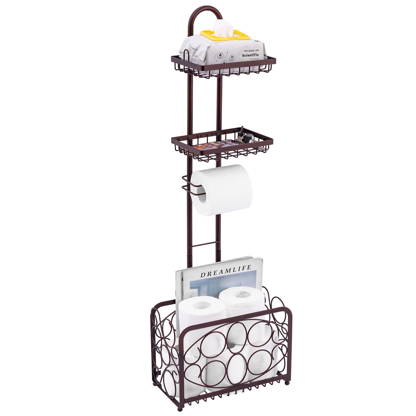 Oasis Creations Toilet Paper Holder Tissue Rack Stand with Magazine Toilet Roll Storage Basket- Freestanding, Bronze Metal