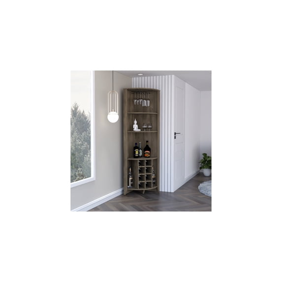 Oasis Dark Brown Corner Bar Cabinet Laminate 71.1" x 19.2" x 19.2" with Three Shelves Cup Rack and Eight-Bottle Wine Storage Rack