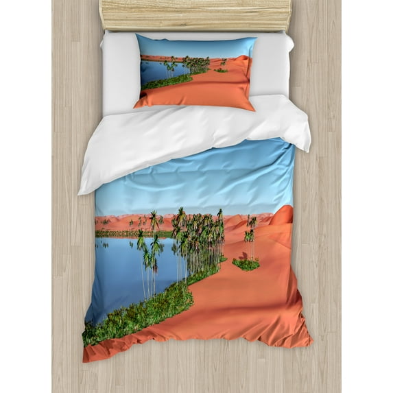 Oasis Duvet Cover Set, Digitally Generated Hot and Humid Oasis Sahara, Decorative 2 Piece Bedding Set with 1 Pillow Shams, Twin Size, Burnt Sienna Sky Blue, by Ambesonne