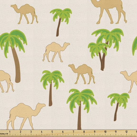 Ambesonne Oasis Fabric by the Yard Upholstery, Repeating Camels and Palms, 3 Yards, Eggshell and Multicolor