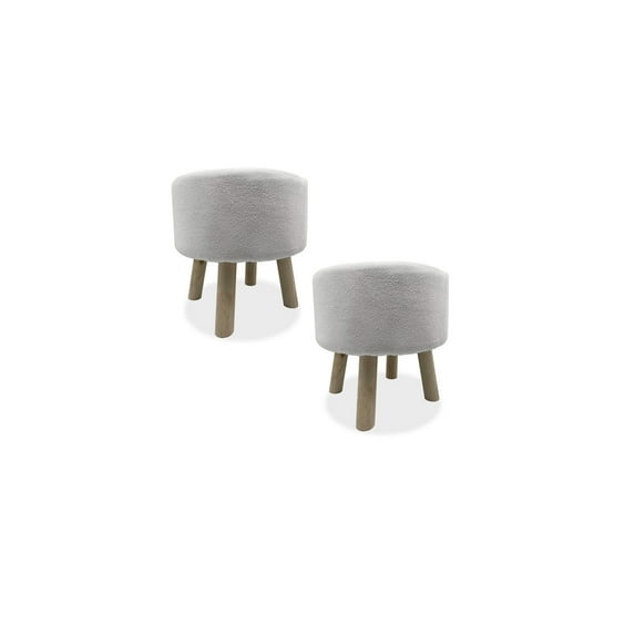 Oasis Footstool Ottoman Set of 2 White Polyester Upholstery Natural Wood Legs Lightweight Soft Comfort 15.5" x 15.5" x 15.5"