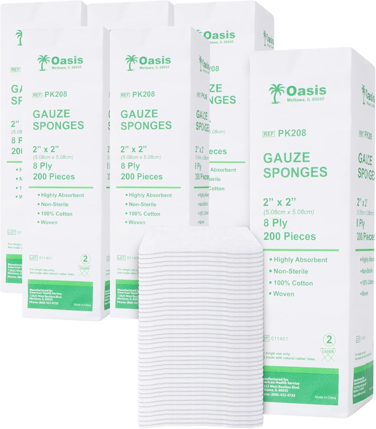 Oasis Gauze Sponges, 100% Cotton, Woven Non-Sterile Gauze, 1200 Pc (6 Packs of 200) (2"x2", 8-Ply)