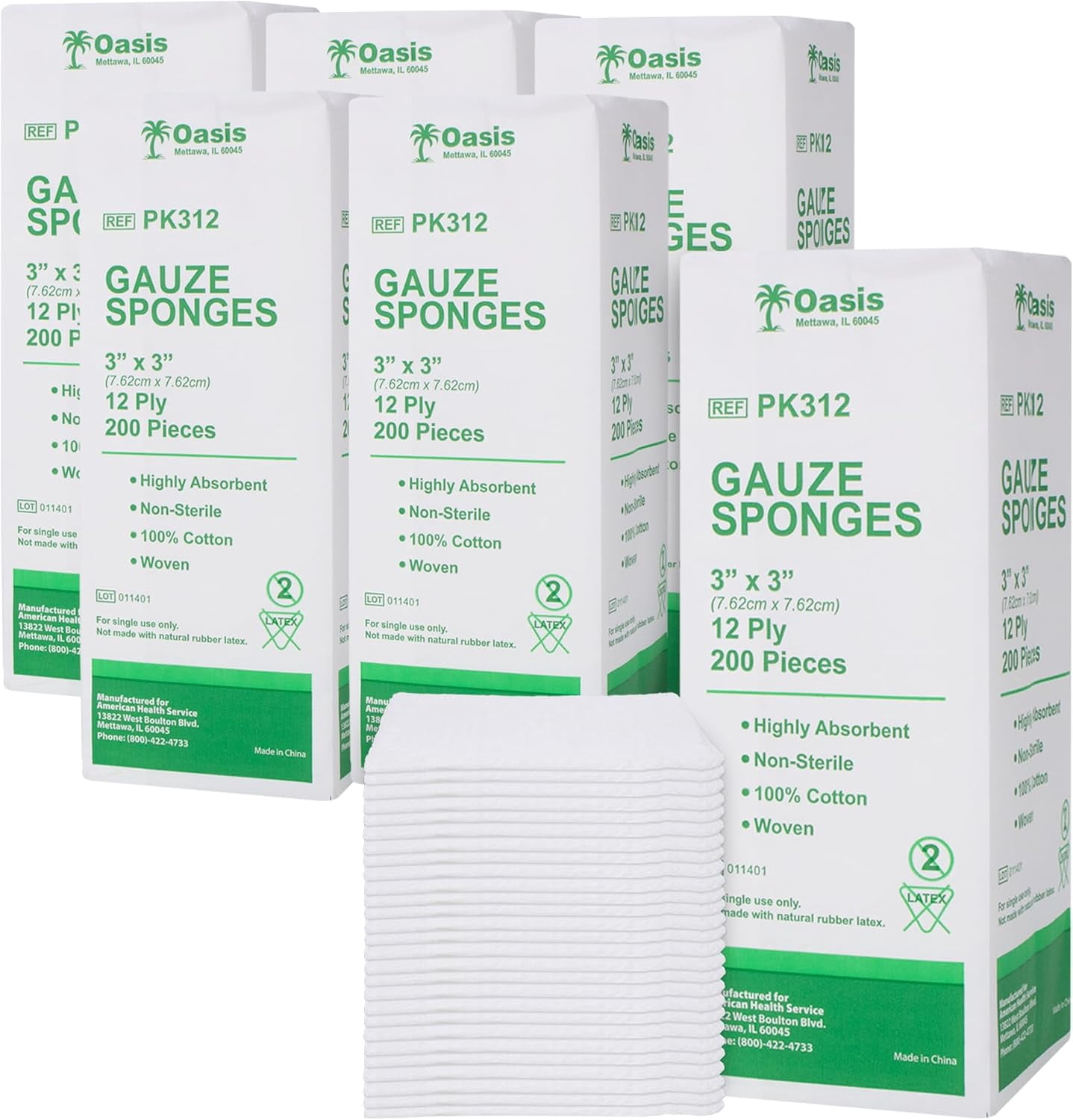 Oasis Gauze Sponges, 100% Cotton, Woven Non-Sterile Gauze, 1200 Pc (6 Packs of 200) (3"x3", 12-Ply)