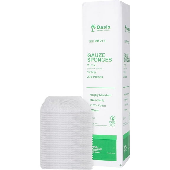Oasis Gauze Sponges, 100% Cotton, Woven Non-Sterile Gauze (Pack of 200) (2"x2", 12-Ply)