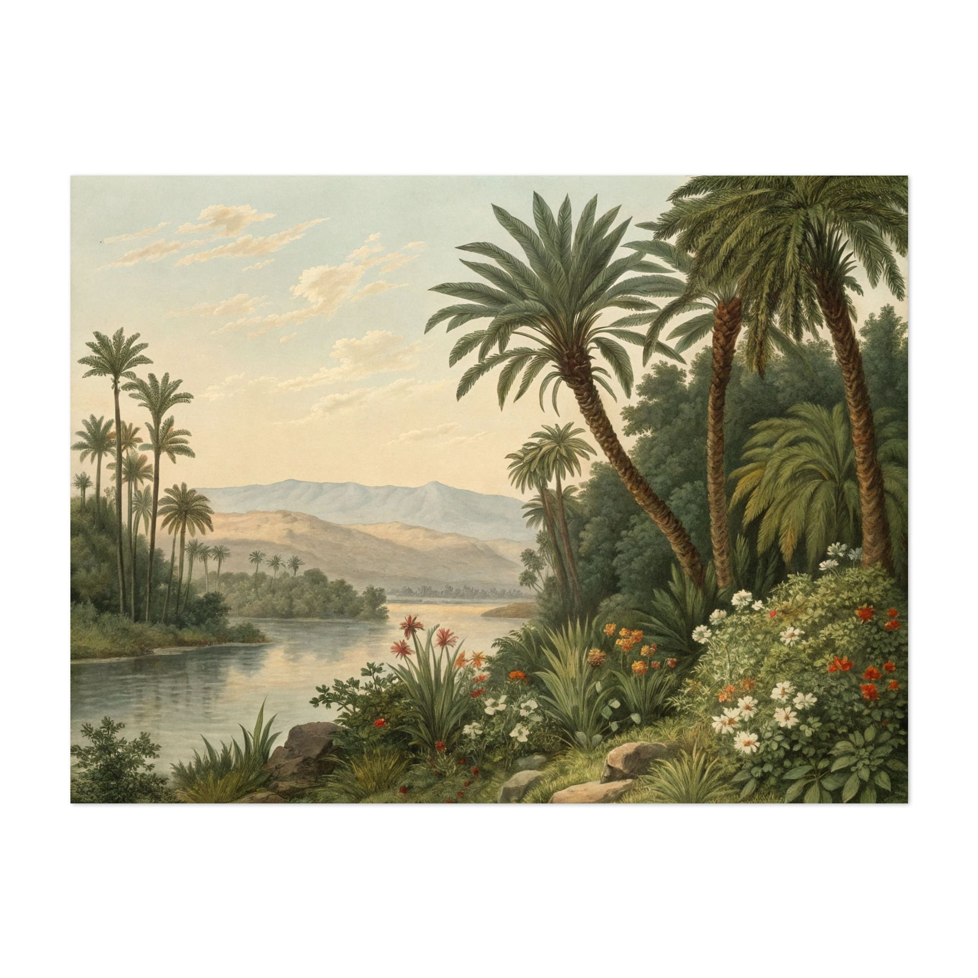 Oasis Landscape with Palm Trees and River - Painting Landscape Tropical ...