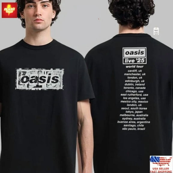 Oasis Live 25 Tour T-Shirt Box Logo UK Design With Tour Dates 2025 Limited Tee ,Black Color,Size L