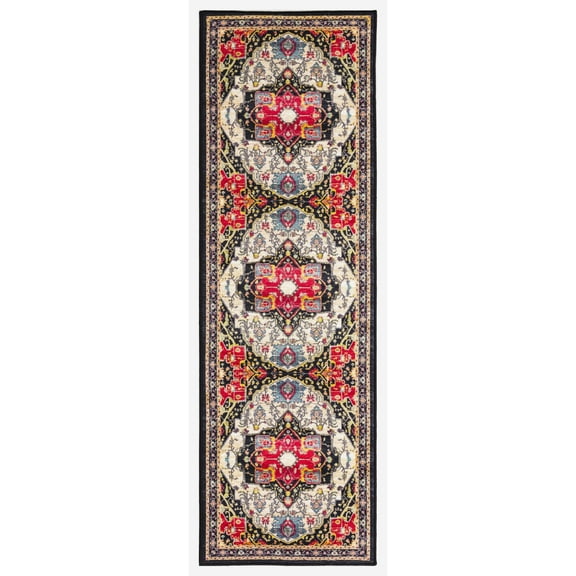 Oasis Medallion Black 2 ft. x 7 ft. Machine Washable Traditional Indoor Area Rug