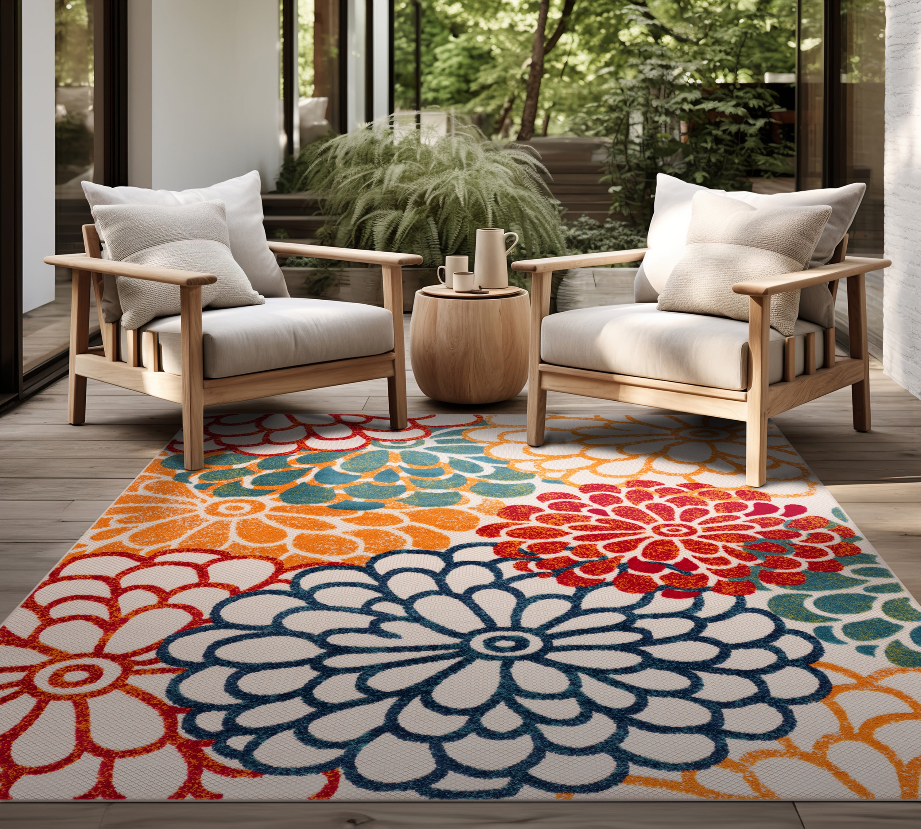 Oasis Modern Floral Multicolor Polypropylene Indoor Outdoor Area Rug, 9 ...