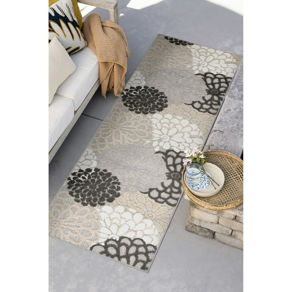 Oasis Modern Floral Beige and Cream Polypropylene Indoor Outdoor Runner Rug, 2'x8' Rectangle